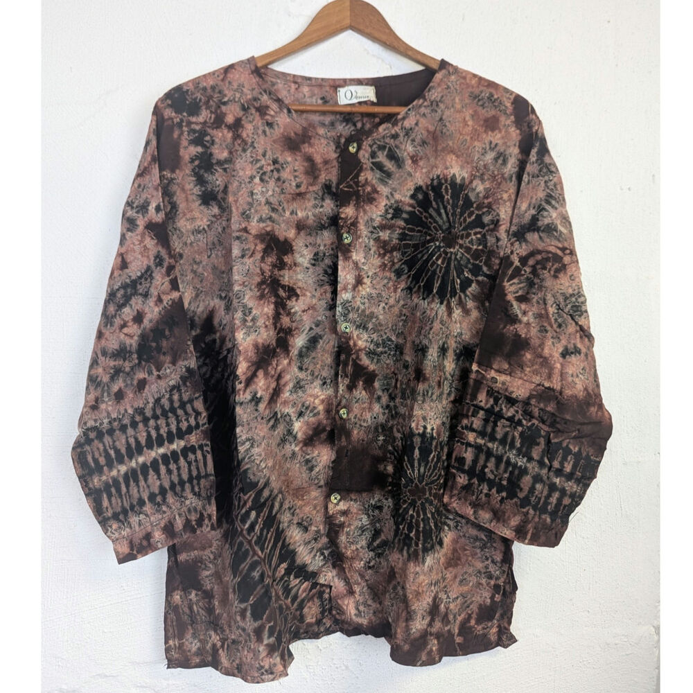 Mens Hippie Tie Dye Button Front Shirt Brown Short Sleeve Festival Retro Large